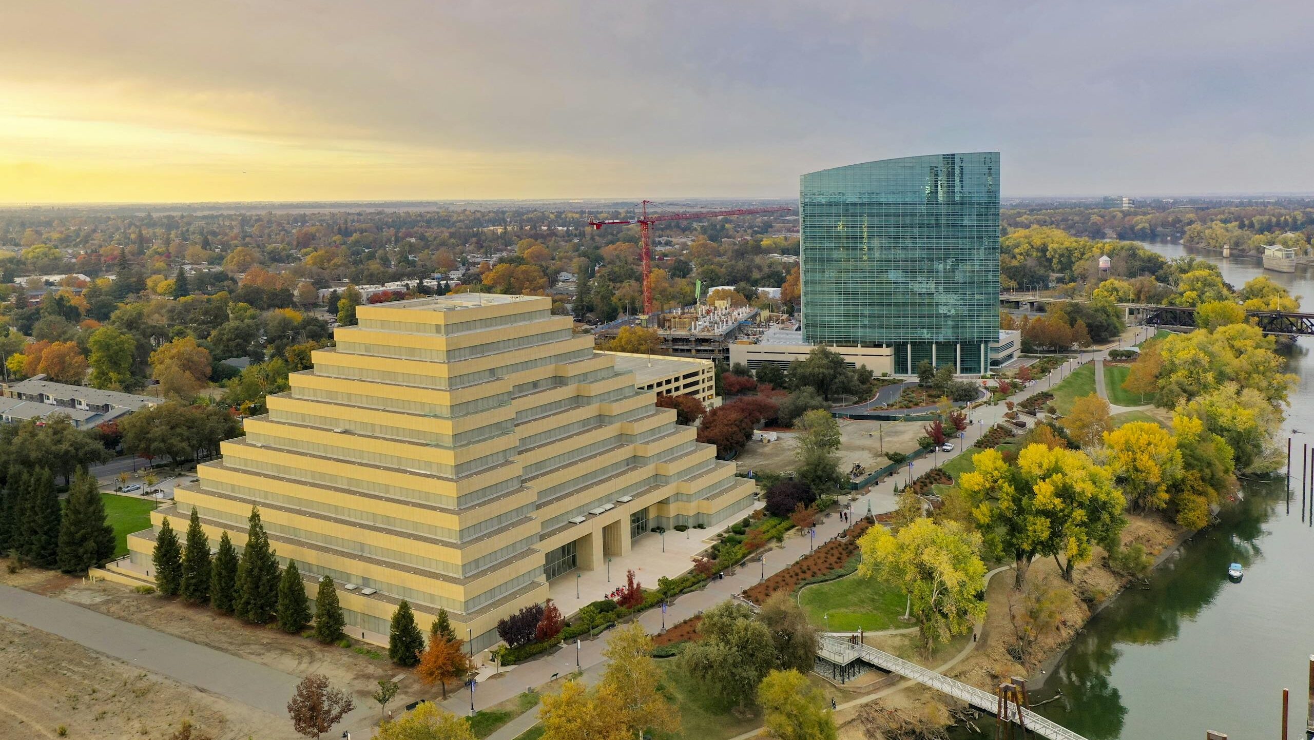 Stunning aerial view of the Ziggurat Building and Sacramento River during fall in Sacramento, California.